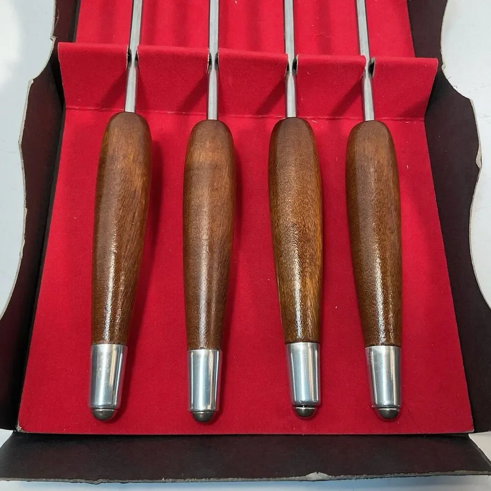Ernest Sohn Fondue Forks Stainless Steel Teak Wood Set Of 4 MCM Mid Century NOS